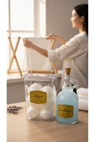 zezedesing Βάζο απορρυπαντικού με ξύλινη λαβή και καπάκι 2000ML + Μπουκάλι υγ...