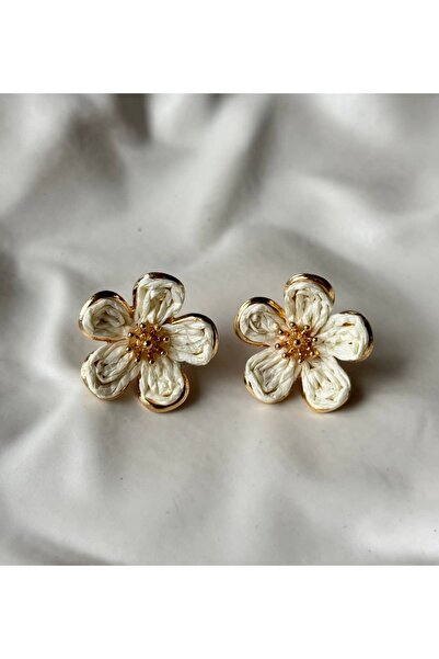 Alveole Jewelry Gold Çerçeveli Asil Bohem Beyaz Çiçek Küpe