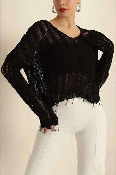 MetuCA Women's Black Openwork Cotton Tasseled Loose Knitted Knitwear Blouse