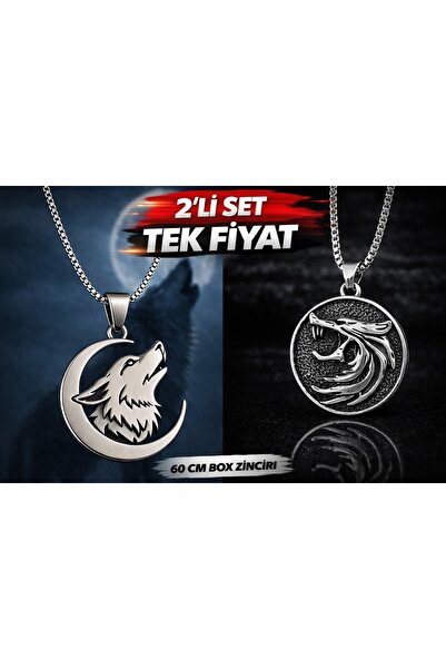 voyageaccessory Set of 2 Single Price Stainless Steel Men's Wolf Necklace wit...