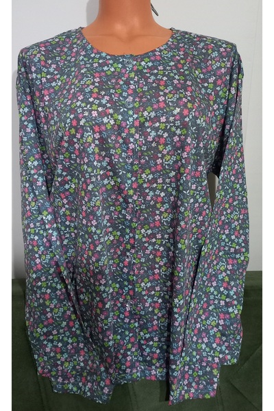 Anne بلوزة من القطن الممشط بطباعة ورقية بأكمام طويلة وأزرار أمامية وياقة دائر...