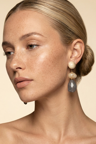 SAVAYA Women's Cream Gray Color Minimal Natural Stone Earrings Zara Model