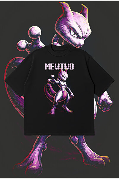 PURE POWER MewTwo Pembe Oversize Boxy Fit Unisex %100 Pamuklu Tshirt – Baskıl...