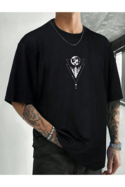 SUNFREE تيشيرت رجالي أساسي بأكمام قصيرة وياقة دائرية مطبوع عليه شجرة هندسية