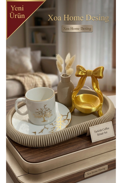 XOA Collection Lüks 3'lü Kahve Sunum Seti - Tepsi, Lokumluk & Mini Vazo