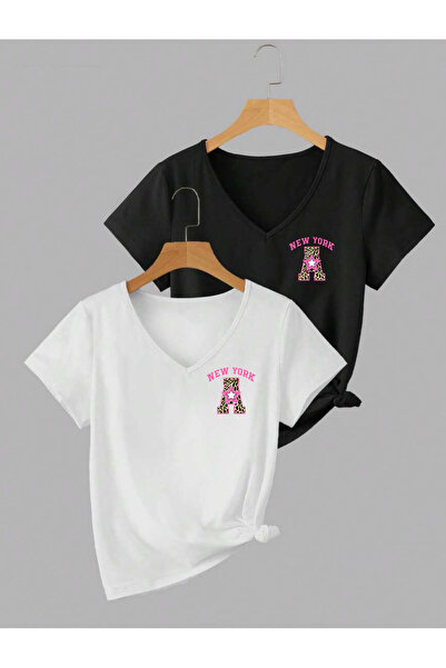 SUNFREE NEW YORK Tricou pentru femei, imprimat, cu decolteu în V, cu mânecă s...