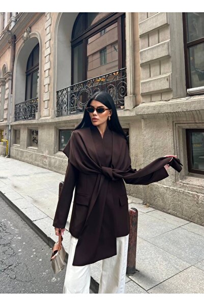 Celiora Premium Oversize Blazer Jacket with Shawl Collar and Draped Tie Detail