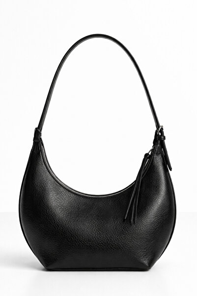 PJ & Me Women's Black Grained Half Moon Shoulder Bag Daily Stylish Zippered M...