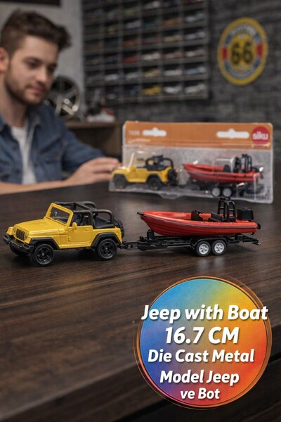 TOYFEST Siku Jeep Wrangler Tekneli Römorklu Die Cast Metal Oyuncak Araba Tekn...