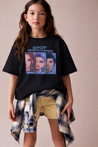 Little Aden Girl's Kpop Demon Hunters Printed 100% Cotton Oversize Summer T-S...