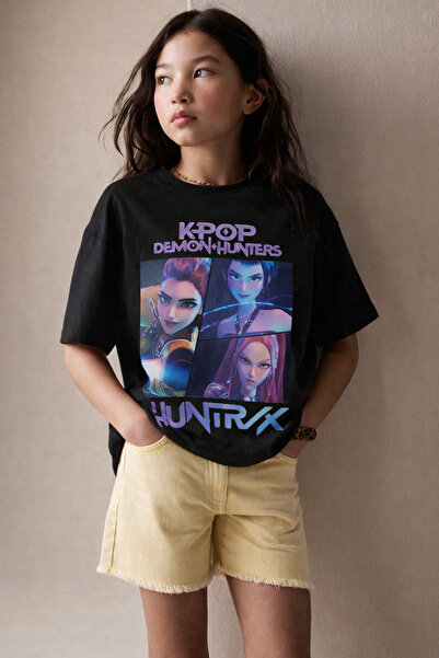 Little Aden Girl's Kpop Demon Hunters Printed 100% Cotton Oversize Summer T-S...