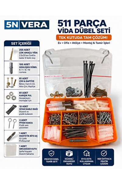 5NVERA 511 Parça Vida Dübel Çivi Seti Organizer Kutulu – Hırdavat, Tamir ve M...