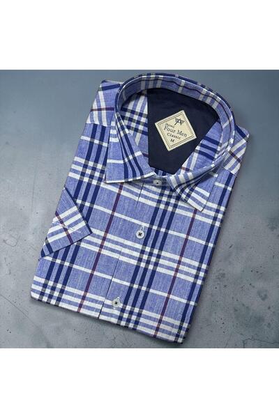 GÖMLEK GALERİSİ Classic Wide Cut Plaid Men's Short Sleeve Cotton Linen Shirt