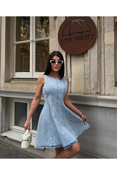 GM Butikk Kadın Sıfır Kol Denim Elbise
