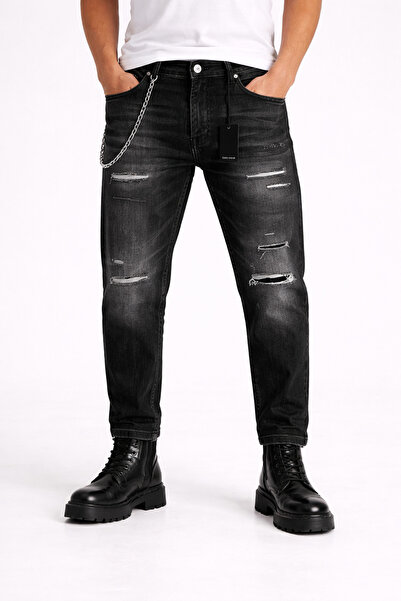 vulgariromania Blugi Bărbați Regular Fit Negri Distressed cu Lanț – Jeans Str...