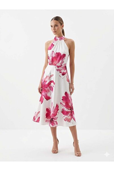 AYSHAN Halter Yaka Çiçek Desenli Midi Elbise