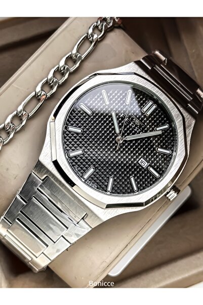 FERRO Men's Wristwatch, Silver Color Steel Band, Black Dial with Calendar, St...