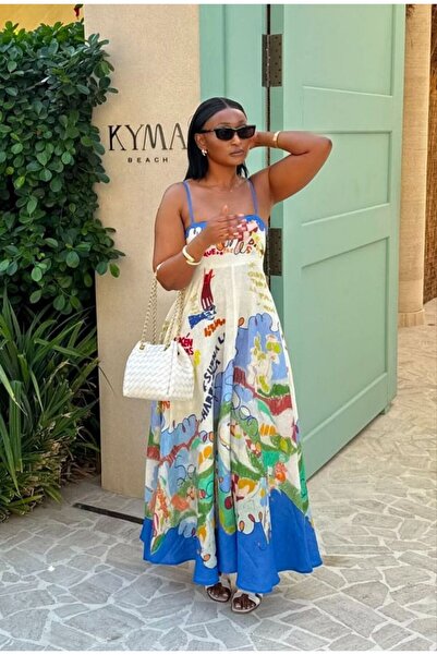 Stil Sepeti Blue Strappy Flared Square Neck Summer Beach Dress – Long & Elega...