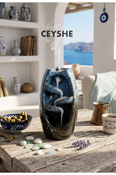 CeyShe Büyük Mavi Geri Akış Seramik Şelale Tütsülüğü - Premium 17 Cm Tütsülük