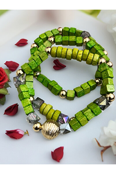 COCOSH TAKI Green Wooden Beaded Multi-Flexible Triple Combination Bracelet wi...