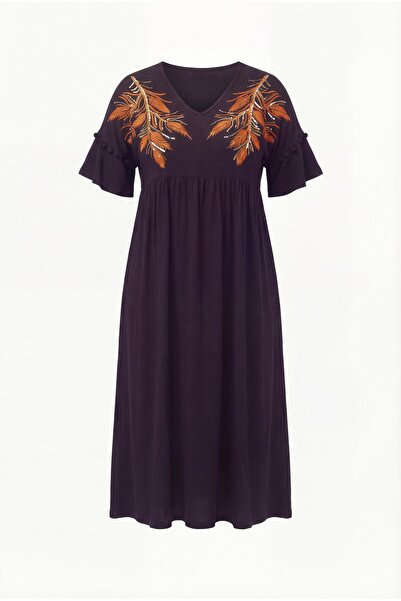 Ebsumu Women's Plus Size Sequin Embroidered Knitted Orange Dress