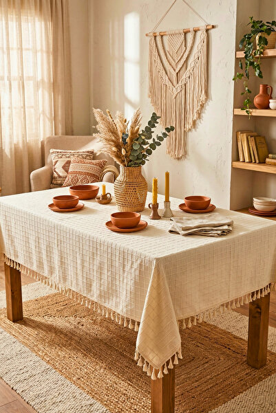 OTEXSA Cotton Linen Square Patterned Tassel Tablecloth Stylish Modern Design