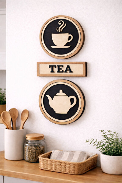 Lazer X Design Tea Yazılı Ahşap Duvar Dekoru 3’lü Set | Mutfak Çay Temalı Süs...