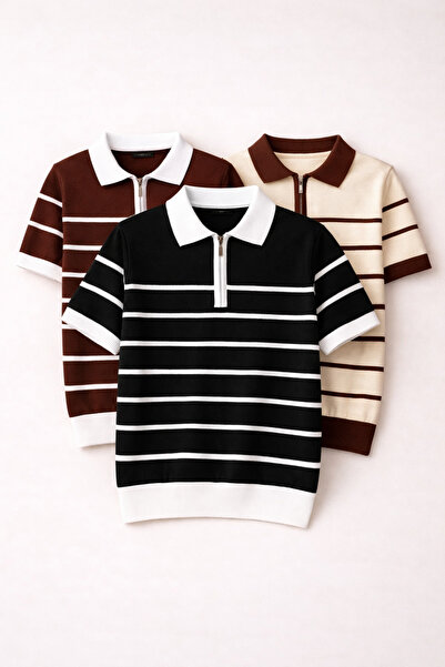 OTAKU Ανδρικό πλεκτό μπλουζάκι Premium με ριγέ λαιμόκοψη πόλο και φερμουάρ, μ...