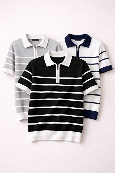 OTAKU Ανδρικό πλεκτό μπλουζάκι Premium με ριγέ λαιμόκοψη πόλο και φερμουάρ, μ...