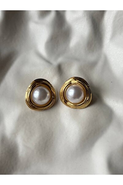 Alveole Jewelry Gold Çerçeveli Asil İnci Detaylı Şık Küpe