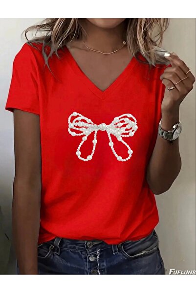 FUFLUNS Γυναικείο μπλουζάκι με λαιμόκοψη σε σχήμα V με στάμπα με κορδέλα με π...