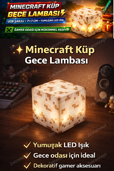 ZETCONCEPT Minecraft Pixel Lamp – USB Şarjlı LED Gece Lambası (Creeper / Reds...