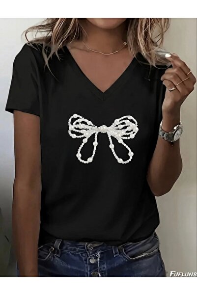 FUFLUNS Γυναικείο μπλουζάκι με λαιμόκοψη σε σχήμα V με στάμπα με κορδέλα με π...