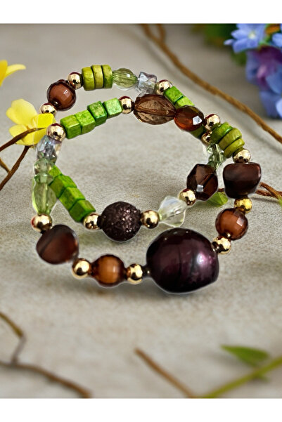 COCOSH TAKI Green and Brown Beaded Multi-Combination Bracelet with Gold Details