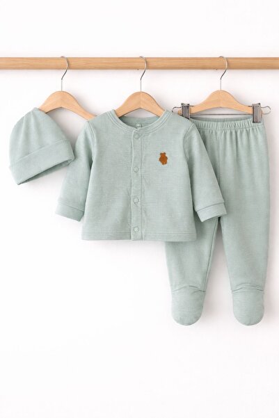 My Babies Label طقم أطفال من القطن العضوي مكون من 3 قطع - مع تفاصيل على شكل دمية دب، مناسب لجميع الفصول