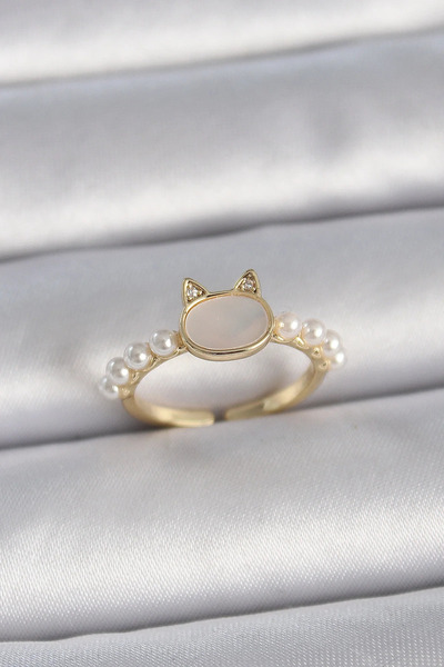 Marsilyan Nvdn- İetaks ™   Brass Gold Color Adjustable White Enamel Cat Model...