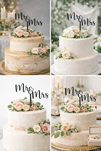 Dekor Mr & Mrs Yazılı Pasta Süsü – Modern Script Nişan & Düğün Cake Topper Siyah