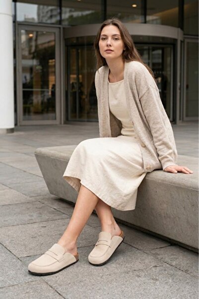 Joy Ayakkabı Women's Cream Genuine Suede Leather Mule Loafer Cork Sole Open B...