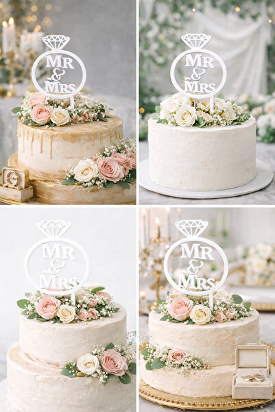 Dekor Mr & Mrs Yüzük Tasarımlı Pasta Süsü – Siyah Simli Nişan & Düğün Cake To...