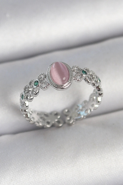 Marsilyan Nvdn- İetaks ™   Brass Silver Color Zircon Stone Detailed Pink Enam...