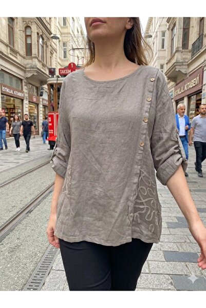 AYASOFYA OTANTIK Women's Italian Mink Button Detailed Oversize Loose 100% Lin...