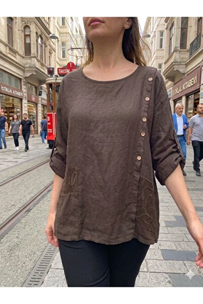 AYASOFYA OTANTIK Women's Italian Brown Button Detailed Oversize Loose 100% Li...