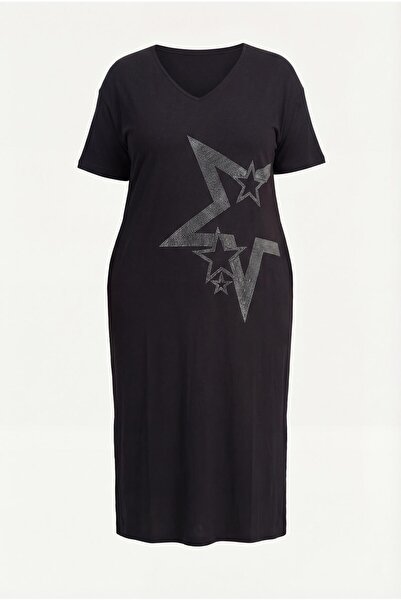 Ebsumu Women's Plus Size Star Stone Printed Comfortable Fit Knitted Black Dress