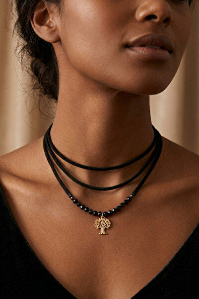 shop Black Suede Multi-Row Choker Necklace - Bohemian Neckpiece with Gold Col...