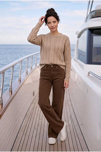 mooishan Felicia Καφέ Ψηλόμεσο Τζιν Παντελόνι με Φαρδιά Μπατζάκια Γυναικείο L...