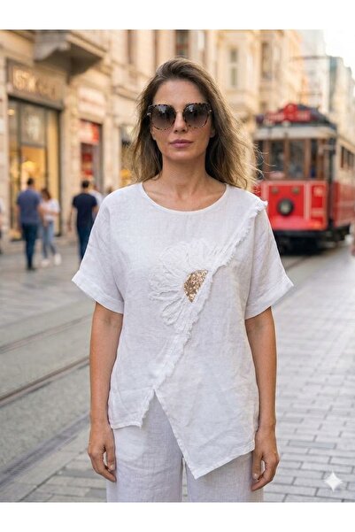 AYASOFYA OTANTIK Γυναικεία ιταλική μπλούζα από 100% λινό με κεντημένο ασύμμετ...