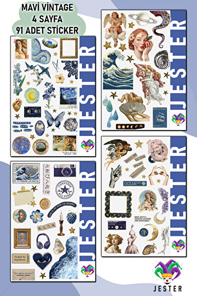 Jester 4 Sayfa Vintage Mavi Sticker, Çıkartma, Günlük, Ajanda, Planlayıcı, Bu...