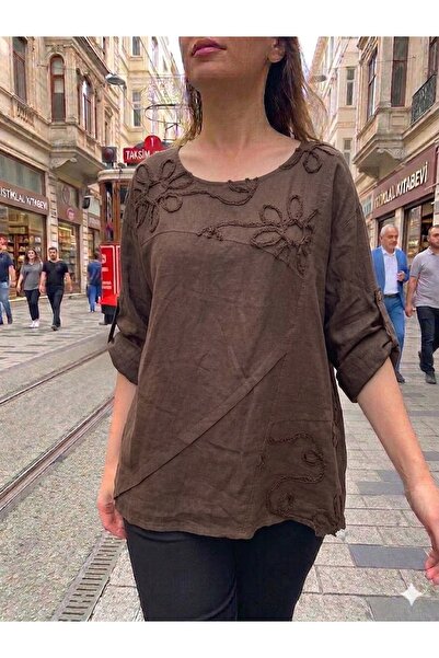 AYASOFYA OTANTIK Γυναικεία ιταλική καφέ μπλούζα με κεντητά λουλούδια, oversiz...