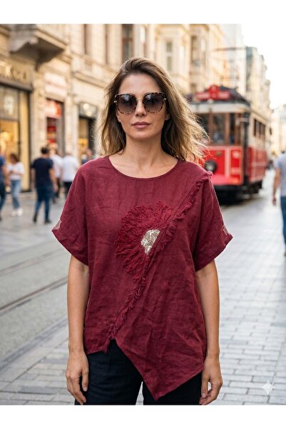 AYASOFYA OTANTIK Women's Italian Burgundy Daisy Embroidered Asymmetrical Shor...