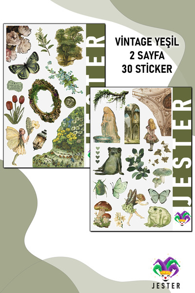 Jester 2 Sayfa Vintage Yeşi lSticker, Çıkartma, Günlük, Ajanda, Planlayıcı, B...